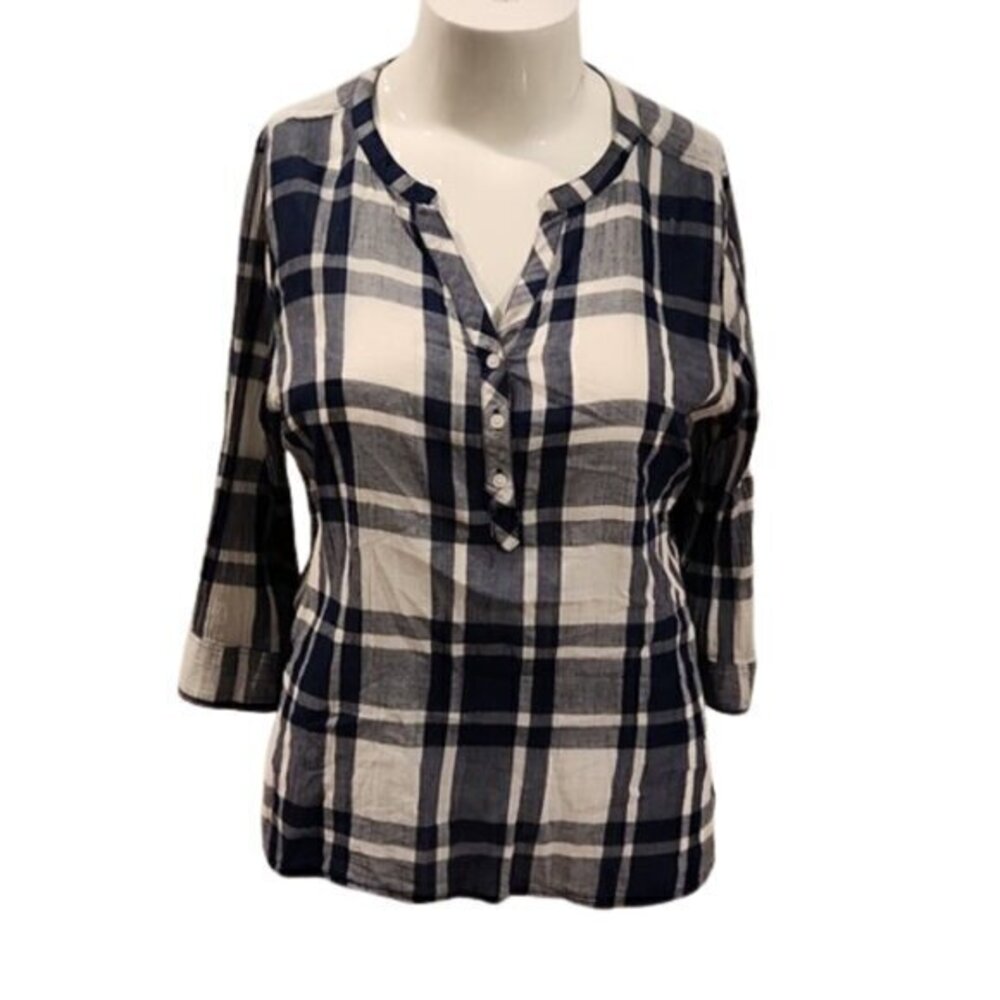 [St John's Bay] Plaid Linen Half Button Shirt - Size XL